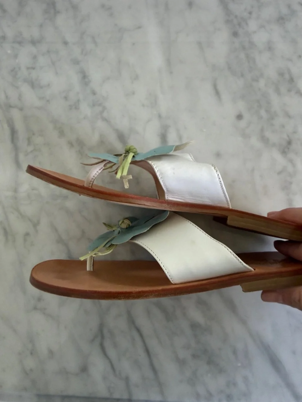 Gallucci White Slides with Blue Floral Applique